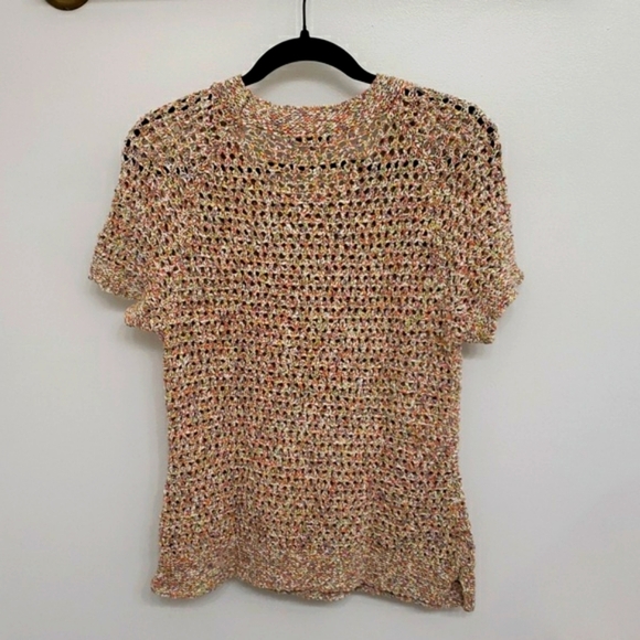 CAbi Multi Color Crochet Pullover Short Sleeve Sweater Sz M - Picture 2 of 5
